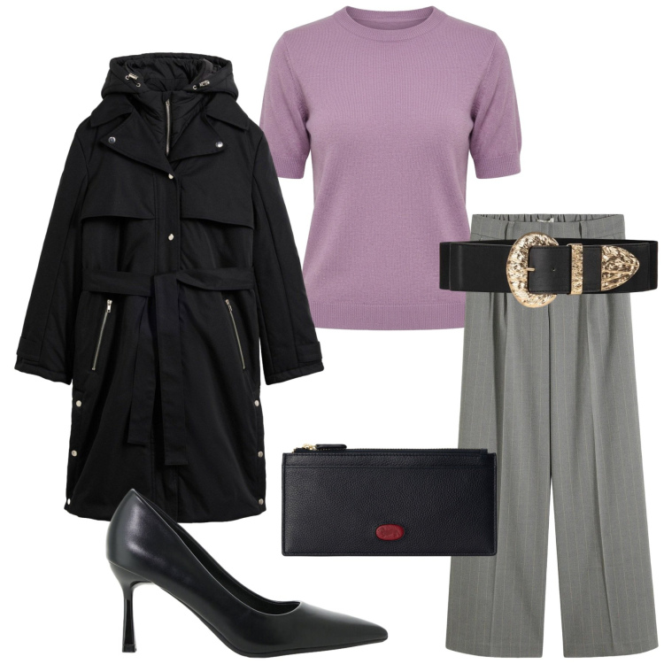 Outfit donna - Total look #2490680. Stile Chic per Ufficio. Abbinamento con portafogli, décolleté, cinture, maglieria, blazer, pantaloni a palazzo.