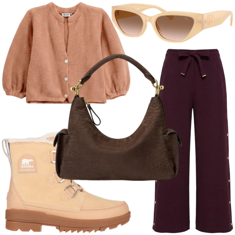Outfit donna - Casual. Stile Casual per Tutti i giorni. Abbinamento con pantaloni, cardigans, borse a spalla, occhiali da sole, stivaletti.