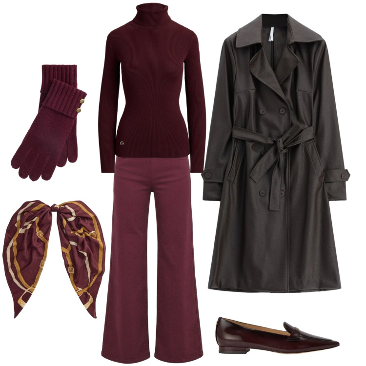 Outfit donna - Marrone fondente per il trench oversize. Stile Urban per Tutti i giorni. Abbinamento con trench, mocassini, foulard, pullovers, guanti, jeans.