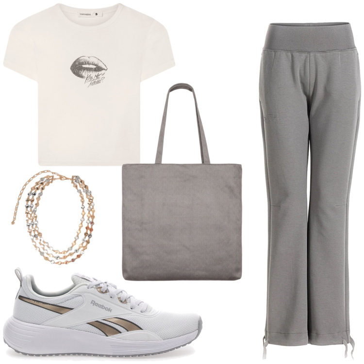 Outfit donna - Casual. Stile Casual per Tutti i giorni. Abbinamento con collane, t-shirt, shopping bag, sneakers, pantaloni.