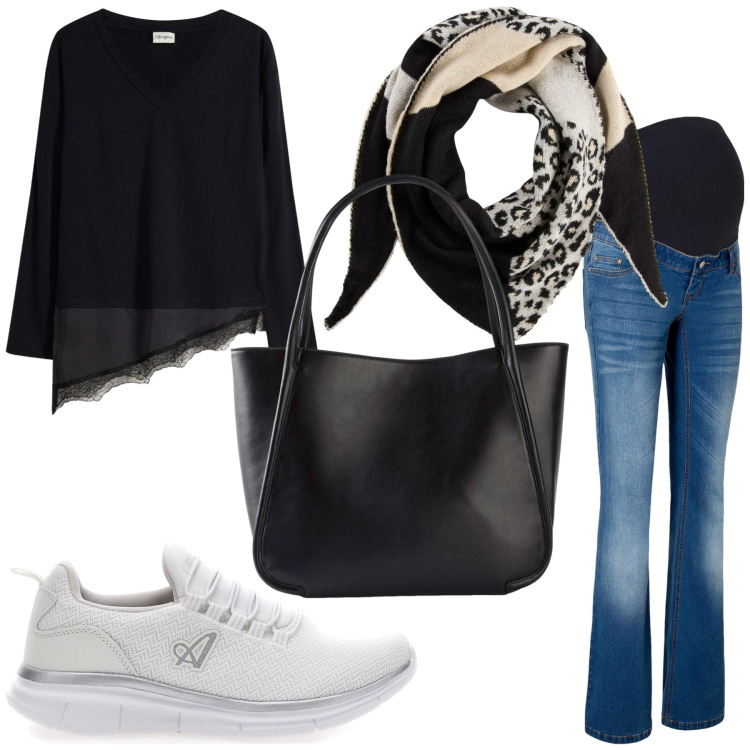 Outfit donna - Casual premaman. Stile Casual per Tutti i giorni. look ideale per Premaman. Abbinamento con maglieria, jeans bootcut, foulard, shopping bag, sneakers.