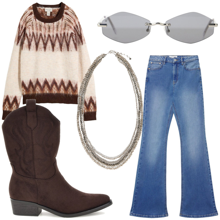 Outfit donna - Casual. Stile Casual per Tutti i giorni. Abbinamento con collane, occhiali da sole, jeans a zampa, stivaletti texani, maglieria.