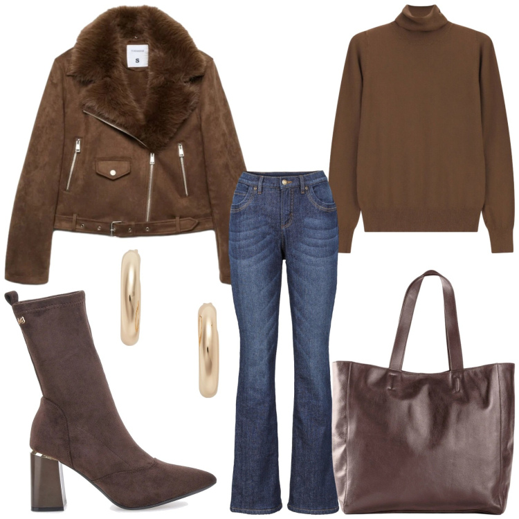 Outfit donna - Marrone e jeans. Stile Trendy per Tutti i giorni. Abbinamento con orecchini, pullovers, giacche, jeans bootcut, shopping bag, stivaletti.