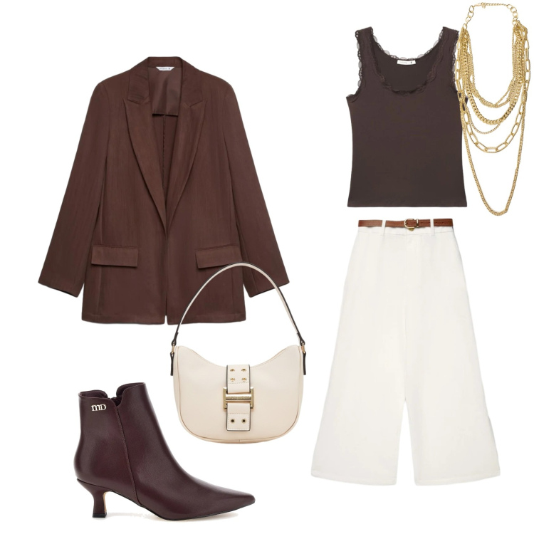 Outfit donna - Total look #2490723. Stile Casual chic per Scuola/Università. Abbinamento con collane, blazer, pantaloni a palazzo, canottiere, stivaletti, borse a tracolla.