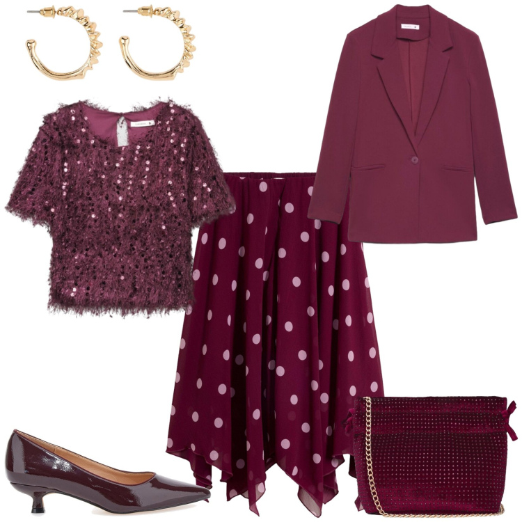 Outfit donna - Total look #2490727. Stile Romantica per Serata fuori. Abbinamento con top, blazer, borse a tracolla, décolleté, gonne longuette, orecchini.