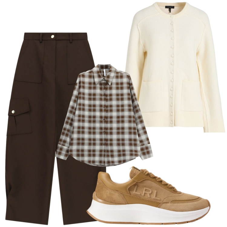 Outfit donna - Total look #2490731. Stile Casual chic per Tutti i giorni. Abbinamento con pantaloni cargo, camicie, sneakers, cardigans.