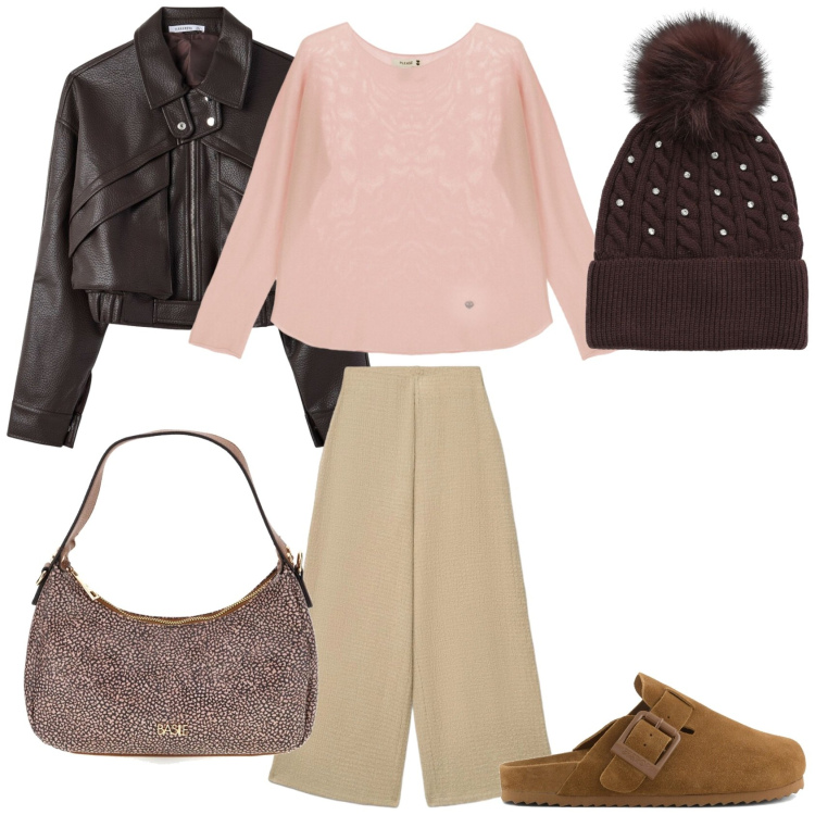 Outfit donna - Total look #2490732. per Scuola/Università. Abbinamento con maglieria, berretti, pantaloni a palazzo, bomber, sabot, borse a tracolla.