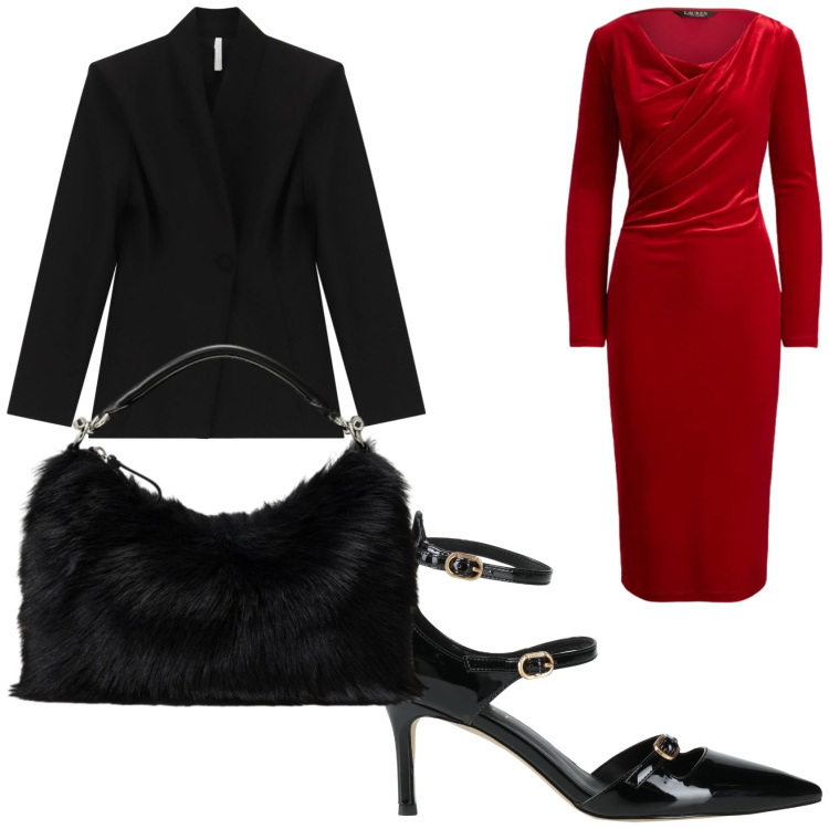 Outfit donna - Il velluto di sera. Stile Glamour per Serata fuori. Abbinamento con blazer, borse a mano, vestiti midi/longuette, décolleté.