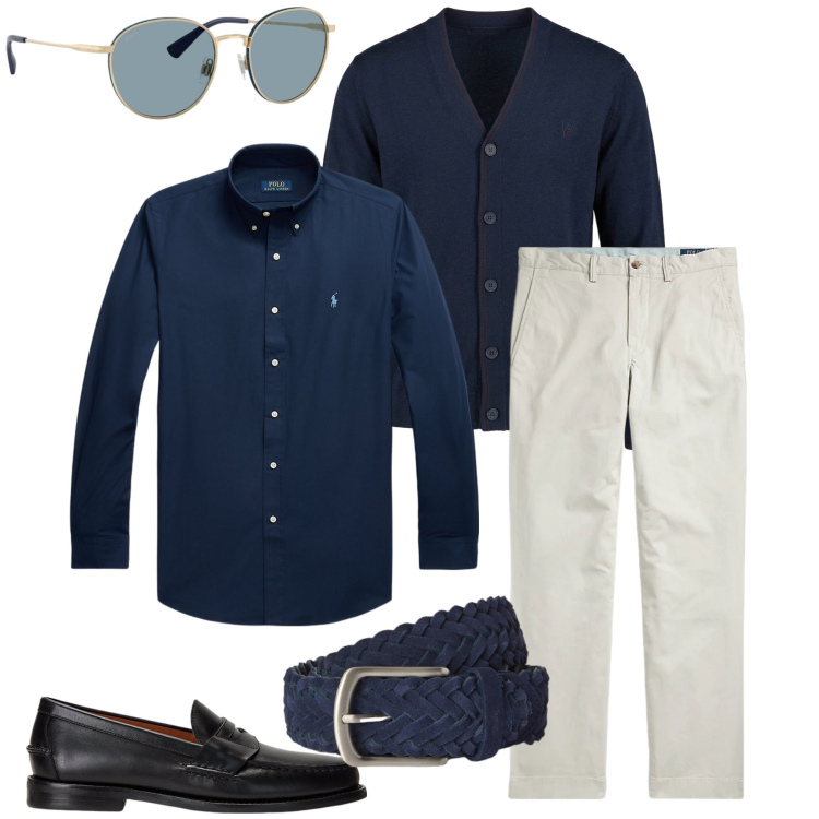 Outfit uomo - Total look #2490746. Stile Casual per Ufficio. Abbinamento con cinture, cardigans, scarpe stringate, pantaloni, occhiali da sole, camicie.
