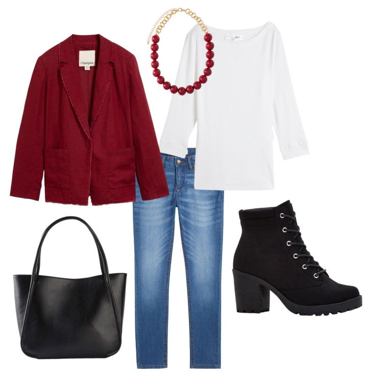 Outfit donna - Coffee break. Stile Casual chic per Tutti i giorni. Abbinamento con collane, blazer, t-shirt, jeans skinny, stivaletti, shopping bag.