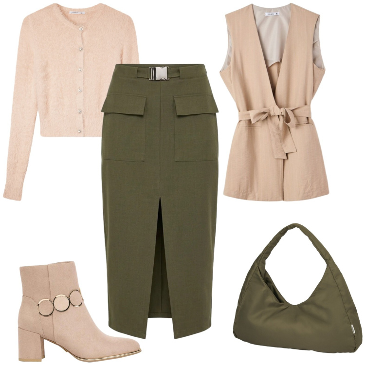 Outfit donna - Mid season sale. Stile Military per Ufficio. Abbinamento con borse a spalla, gonne longuette, gilet, cardigans, stivaletti.