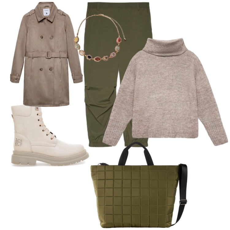Outfit donna - Brown. Stile Casual chic per Ufficio. Abbinamento con collane, pantaloni cargo, pullovers, trench, anfibi, shopping bag.