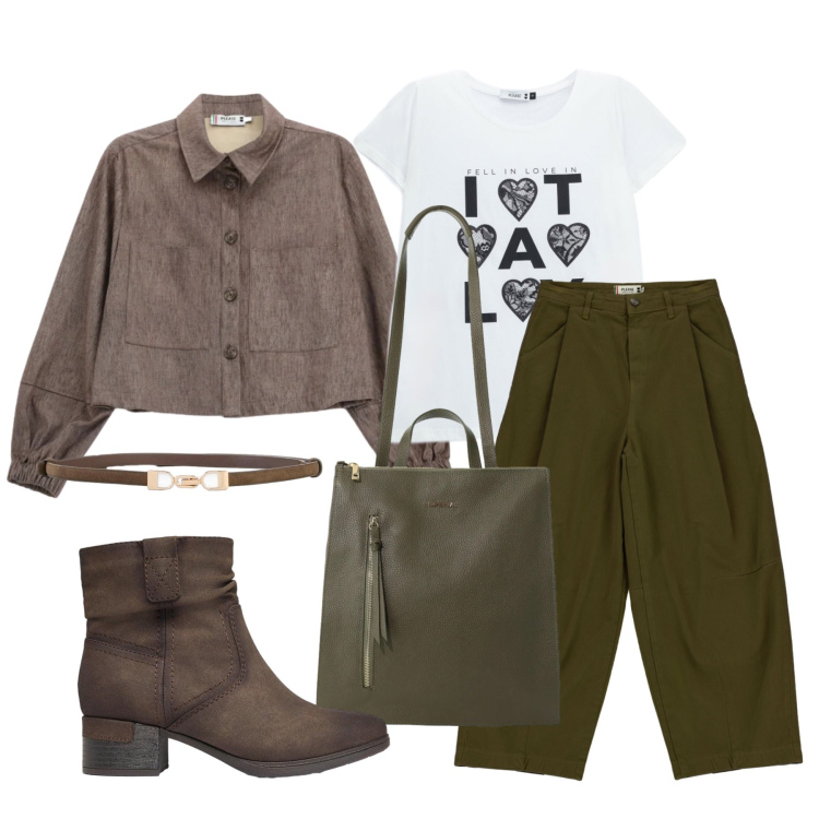 Outfit donna - Ottobre. Stile Casual per Tutti i giorni. Abbinamento con borse a tracolla, pantaloni, cappotti, t-shirt, stivaletti, cinture.