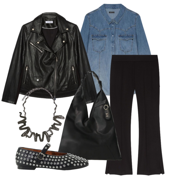 Outfit donna - Ottobre. Stile Trendy per Tutti i giorni. Abbinamento con borse a spalla, pantaloni, giacche, ciondoli, camicie, ballerine.