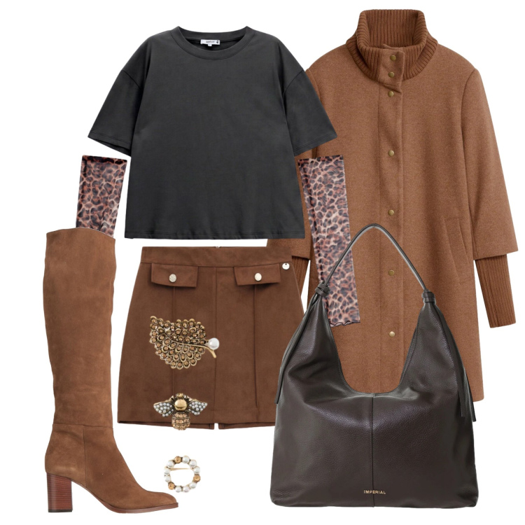 Outfit donna - Ottobre. Stile Trendy per Tutti i giorni. Abbinamento con minigonne, borse a spalla, accessori per capelli, t-shirt, stivali, cappotti.