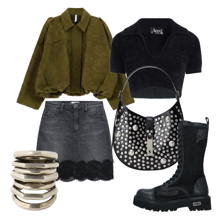 Outfit donna - Ottobre. Stile Trendy per Tutti i giorni. Abbinamento con bomber, borse a spalla, anelli, minigonne, stivali, pullovers.