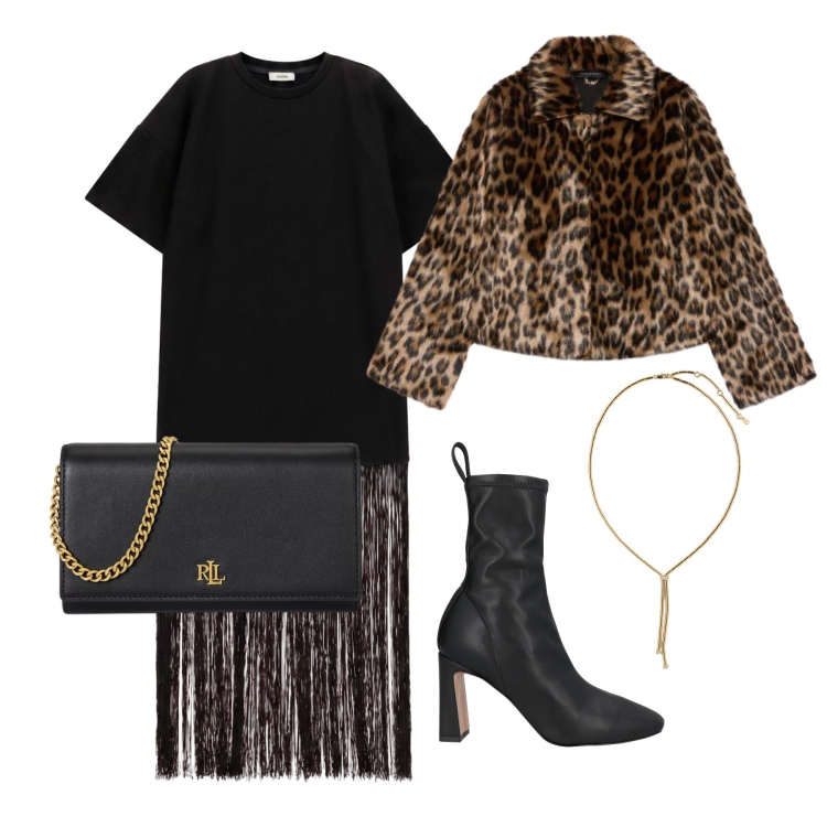 Outfit donna - Ottobre. Stile Glamour per Serata fuori. Abbinamento con blazer, collane, borse a tracolla, vestiti corti, stivaletti.