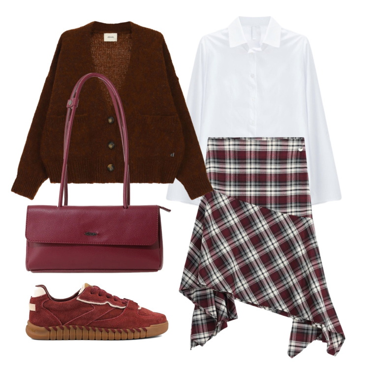 Outfit donna - Ottobre. Stile Trendy per Tutti i giorni. Abbinamento con camicie, gonne longuette, borse a spalla, cardigans, sneakers.