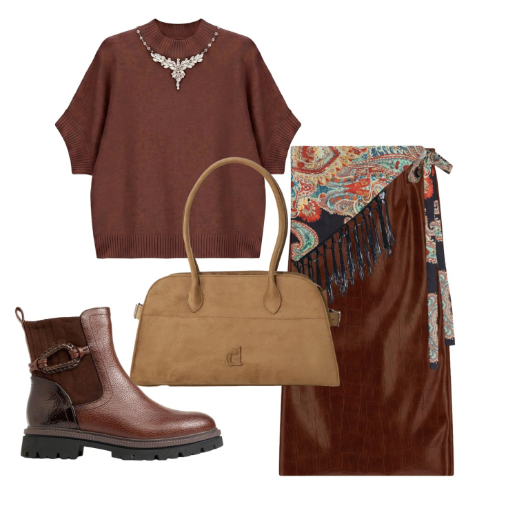 Outfit donna - Ottobre. Stile Trendy per Tutti i giorni. Abbinamento con maglieria, cinture, gonne longuette, borse a spalla, stivaletti.