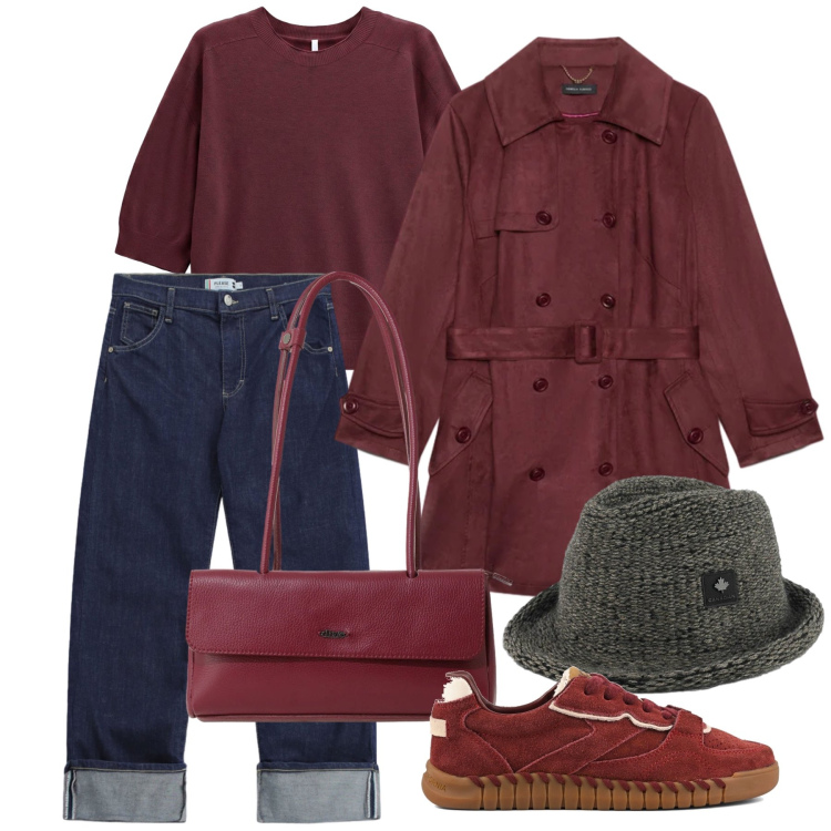 Outfit donna - Ottobre. Stile Trendy per Tutti i giorni. Abbinamento con maglieria, trench, jeans dritti, borse a spalla, cappelli, sneakers.