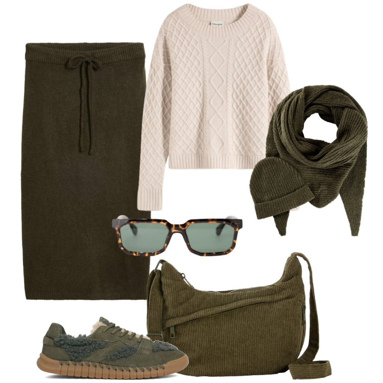 Outfit donna - I primi freddi. Stile Basic per Tutti i giorni. Abbinamento con occhiali da sole, sneakers, gonne longuette, maglieria, sciarpe, borse a tracolla.
