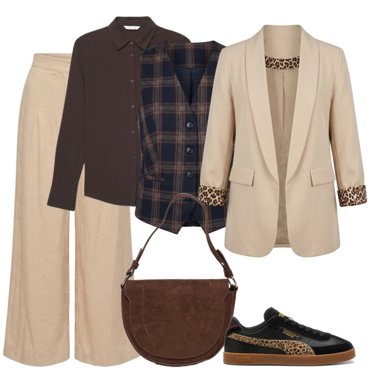 Outfit donna - Strategia. Stile Casual per Ufficio. Abbinamento con gilet, pantaloni a palazzo, blazer, borse a spalla, camicie, sneakers.