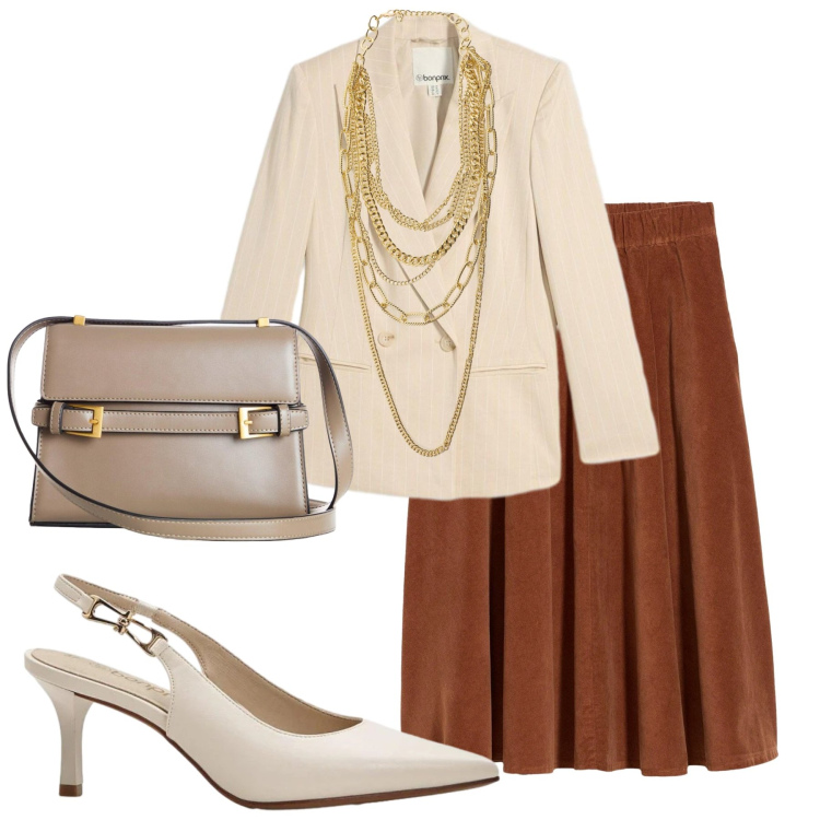 Outfit donna - Eleganza Neutra. Stile Casual per Scuola/Università. Abbinamento con collane, décolleté, blazer, top, gonne, borse a tracolla.