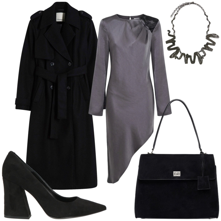 Outfit donna - Serata chic. Stile Chic per Serata fuori. Abbinamento con borse a mano, ciondoli, vestiti asimmetrici, décolleté, trench.