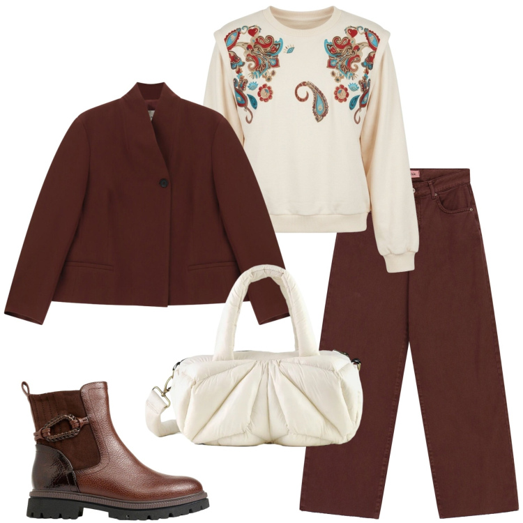 Outfit donna - Ottobre con Dixie. Stile Casual per Tutti i giorni. Abbinamento con blazer, jeans dritti, felpe, borse a mano, stivaletti.