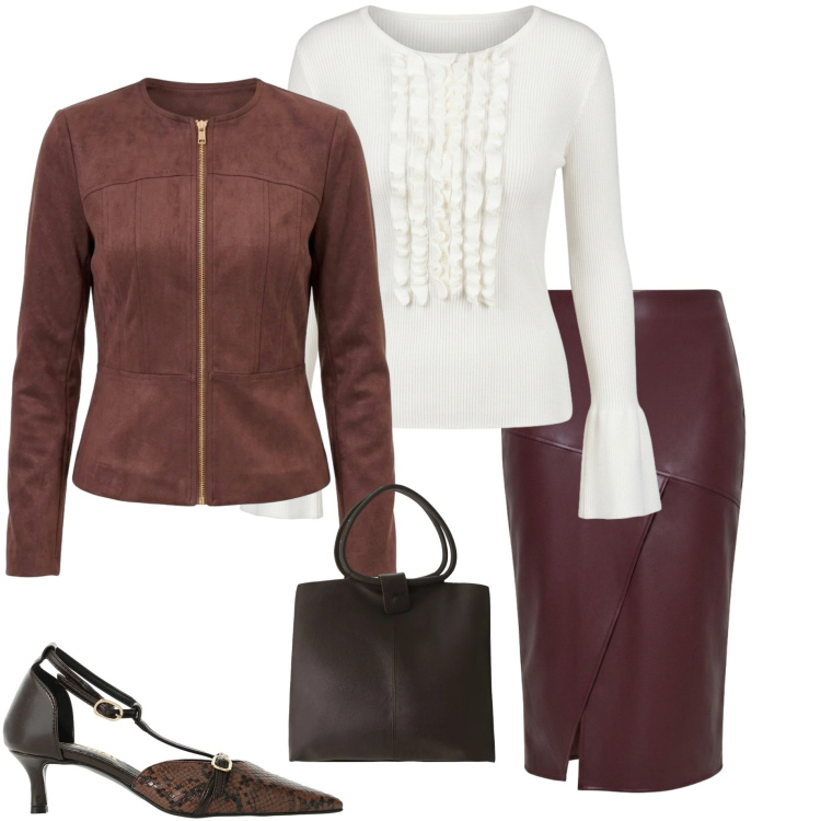 Outfit donna - Serata fuori. Stile Chic per Serata fuori. Abbinamento con décolleté, gonne longuette, blazer, maglieria, borse a spalla.
