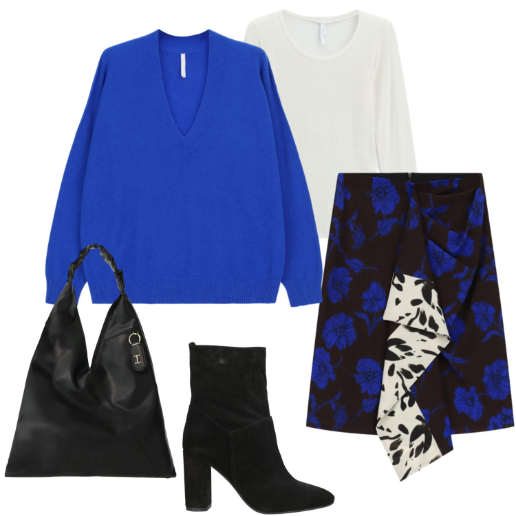 Outfit donna - Gonna glamour. Stile Glamour per Serata fuori. Abbinamento con gonne, borse a spalla, maglieria, t-shirt, stivaletti.