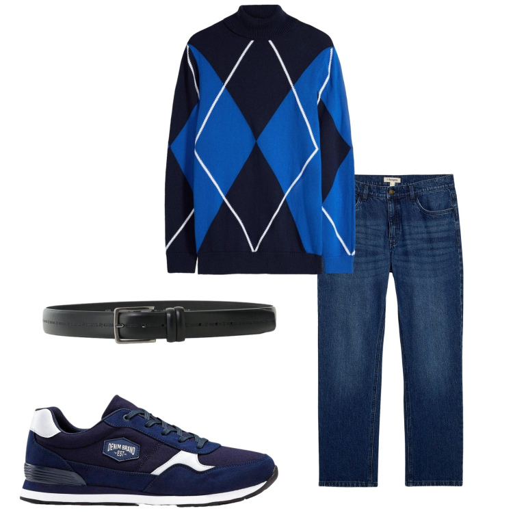 Outfit uomo - Maglia a rombi. Stile Casual per Tutti i giorni. Abbinamento con cinture, maglieria, jeans dritti, sneakers.