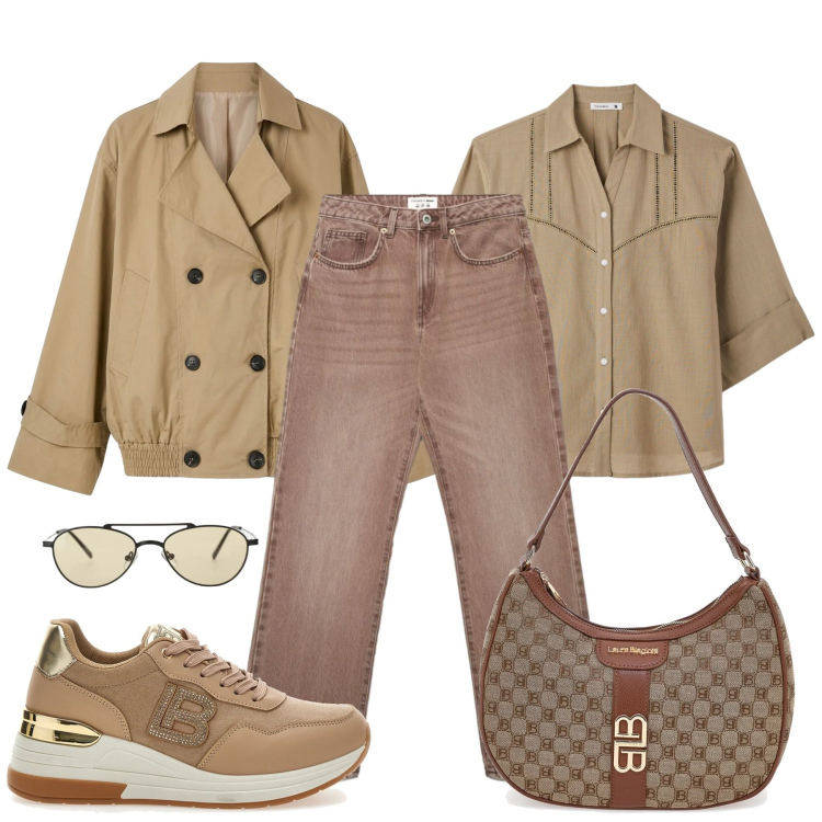 Outfit donna - Toni caldi. Stile Casual per Tutti i giorni. Abbinamento con occhiali da sole, jeans dritti, trench, camicie a manica corta, sneakers, borse a spalla.