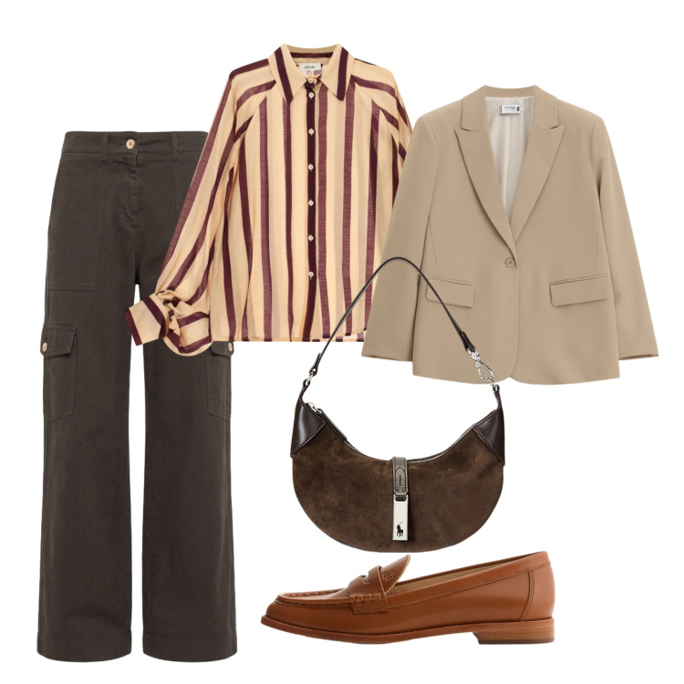Outfit donna - Autunno. Stile Bon Ton per Tutti i giorni. Abbinamento con pantaloni cargo, blazer, borse a spalla, mocassini, camicie.