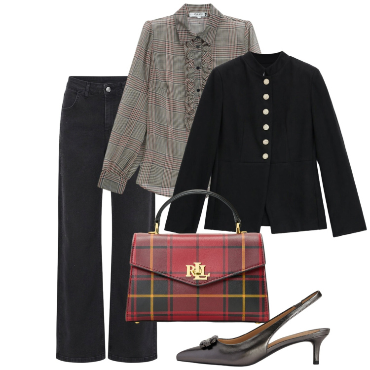 Outfit donna - Tartan autunno. Stile Bon Ton per Ufficio. Abbinamento con blazer, camicie, décolleté, borse a mano, jeans.