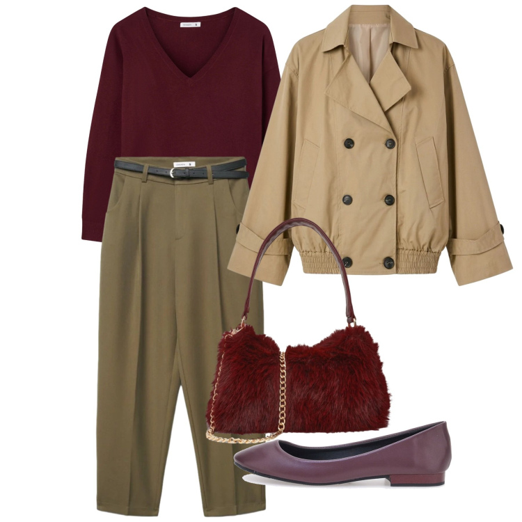 Outfit donna - Mid Season Sale - Autumn Upgrade. Stile Bon Ton per Ufficio. Abbinamento con pantaloni chino, trench, borse a spalla, maglieria, ballerine.