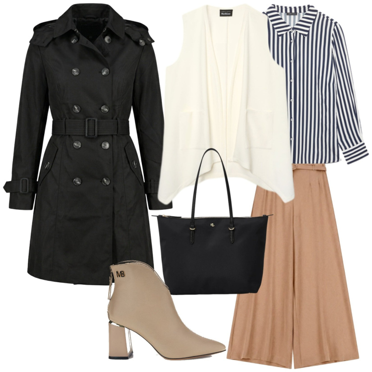 Outfit donna - Autunno. per Tutti i giorni. Abbinamento con pantaloni a palazzo, gilet, camicie, borse tote, trench, stivaletti.