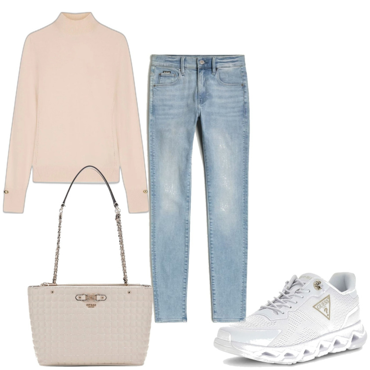 Outfit mujer - Basic look. Estilo Basic para Todos los días. Combinación con prendas de punto, sneakers, vaqueros pitillo, bolso shopper.