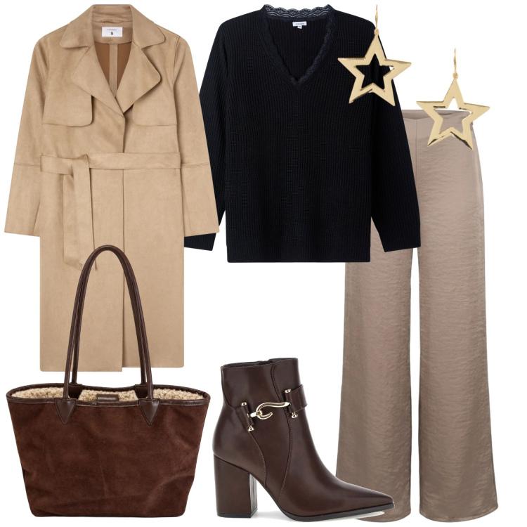 Outfit donna - Autunno. per Tutti i giorni. Abbinamento con orecchini, pantaloni a palazzo, shopping bag, trench, pullovers, stivaletti.