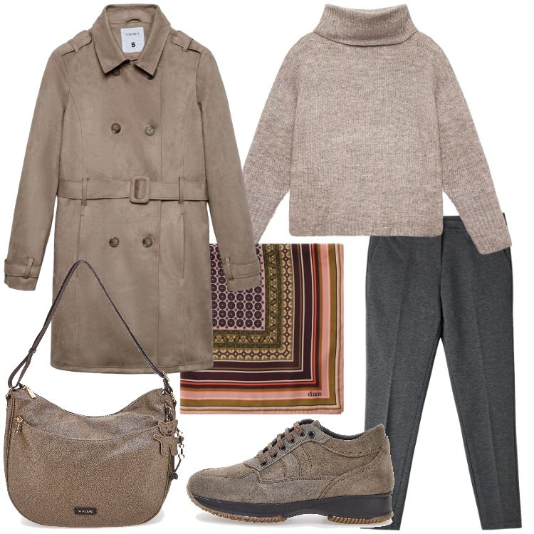 Outfit donna - Trench oversize. Stile Basic per Tutti i giorni. Abbinamento con foulard, pantaloni chino, pullovers, trench, scarpe stringate, borse a spalla.