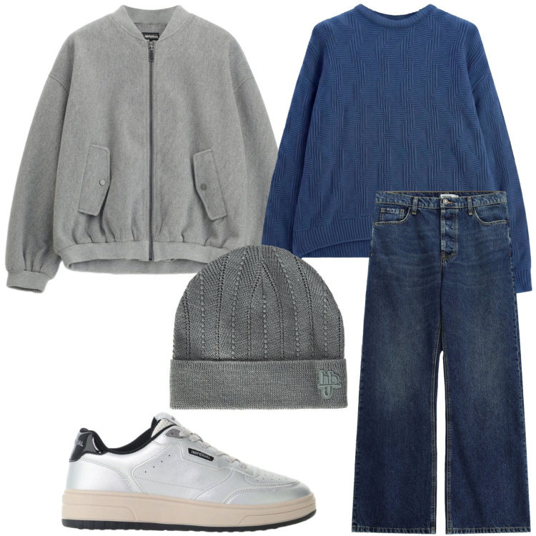 Outfit uomo - Bomber distintivo. Stile Casual per Tutti i giorni. Abbinamento con berretti, jeans, sneakers, bomber, maglieria.