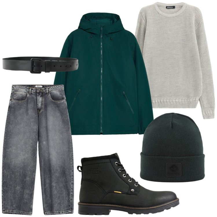 Outfit uomo - Giacca tecnica. Stile Casual per Tutti i giorni. Abbinamento con jeans, cinture, maglieria, berretti, giacche, stivali e stivaletti.