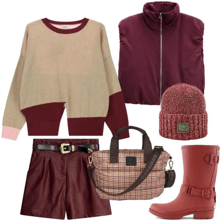 Outfit donna - Prime piogge. Stile Preppy per Tutti i giorni. Abbinamento con piumini, maglieria, borse tote, berretti, stivali, shorts.