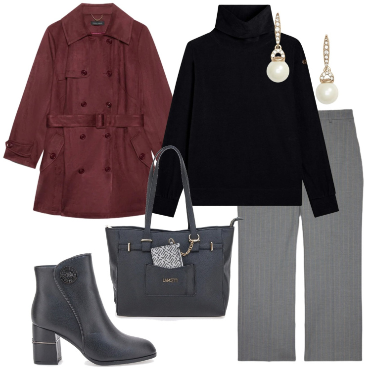 Outfit donna - Autunno. per Tutti i giorni. Abbinamento con trench, pantaloni, felpe, orecchini, stivaletti, shopping bag.