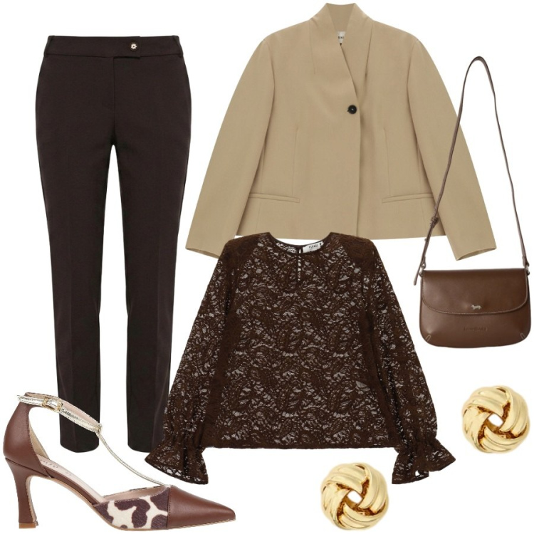 Outfit donna - Cerimonia. Stile Chic per Cerimonia. Abbinamento con borse a tracolla, orecchini, bluse, pantaloni skinny, blazer, décolleté.