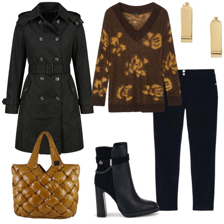 Outfit donna - Autunno. per Scuola/Università. Abbinamento con jeans skinny, maglieria, orecchini, borse tote, trench, stivaletti.