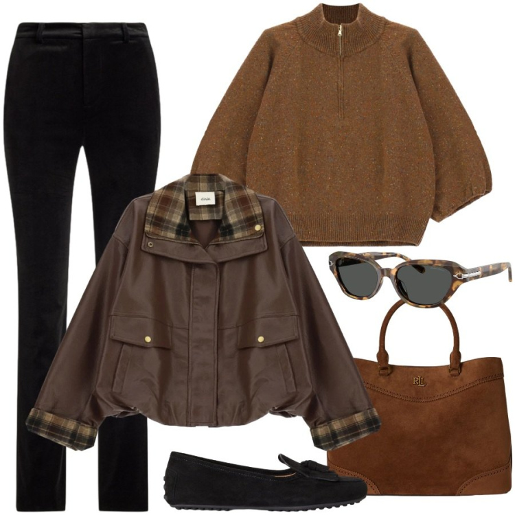 Outfit donna - English style. Stile Casual chic per Tutti i giorni. Abbinamento con pantaloni, borse a mano, mocassini, occhiali da sole, maglieria, bomber.