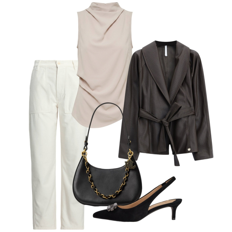Outfit donna - Sofisticata in bianco. Stile Chic per Serata fuori. Abbinamento con blazer, décolleté, pantaloni, borse a spalla, top.