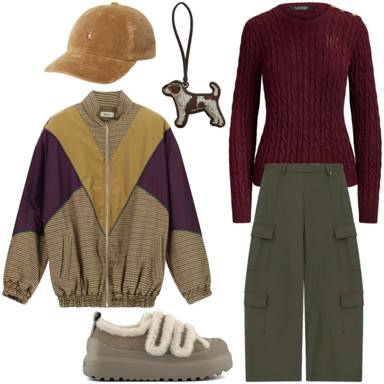 Outfit donna - Passeggiata al parco. Stile Mannish per Tutti i giorni. Abbinamento con cappelli con visiera, portachiavi, maglieria, bomber, pantaloni cargo, sneakers.