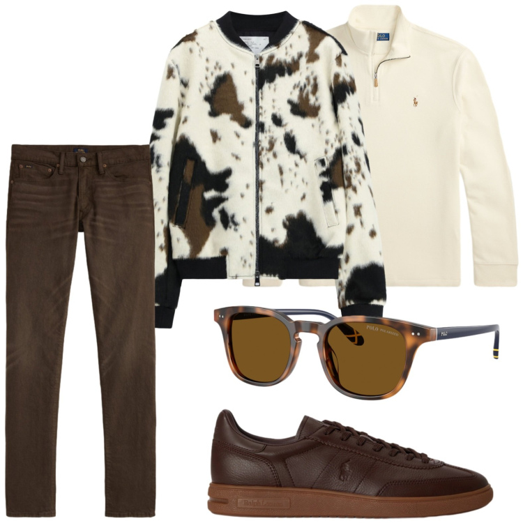 Outfit uomo - Style cow print. Stile Casual per Tutti i giorni. Abbinamento con bomber, pullovers, jeans, sneakers, occhiali da sole.